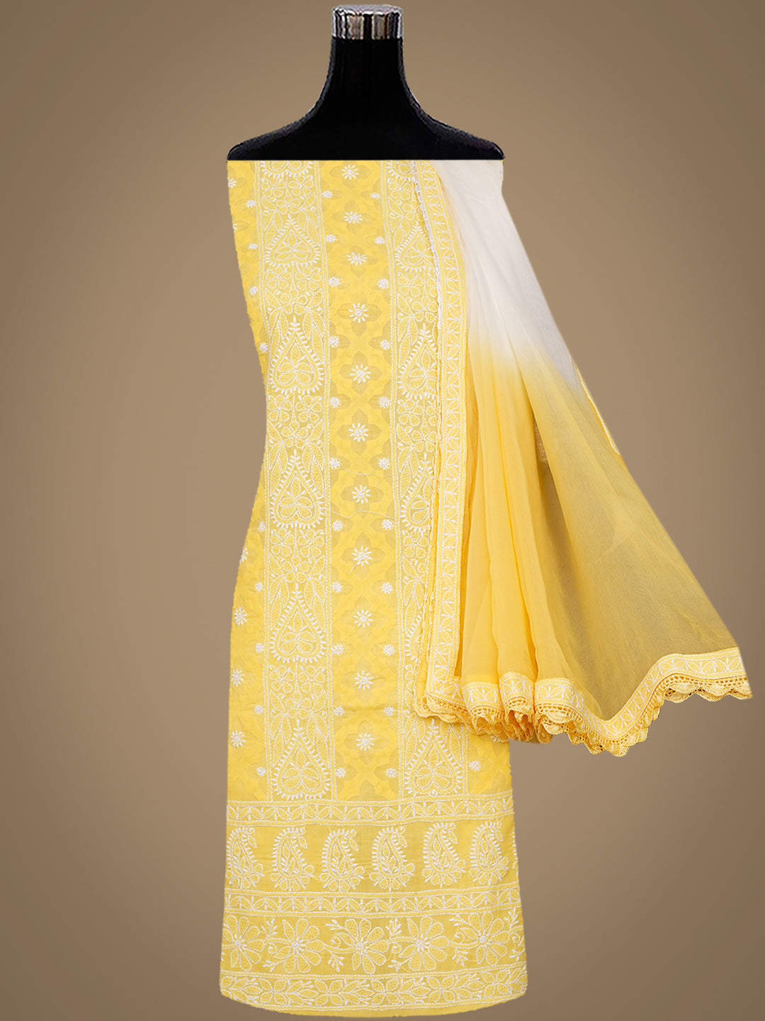 Ada Hand Embroidered Yellow Cotton Lucknowi Chikankari Unstitched Suit Piece With Chiffon Dupatta 01A900236_4
