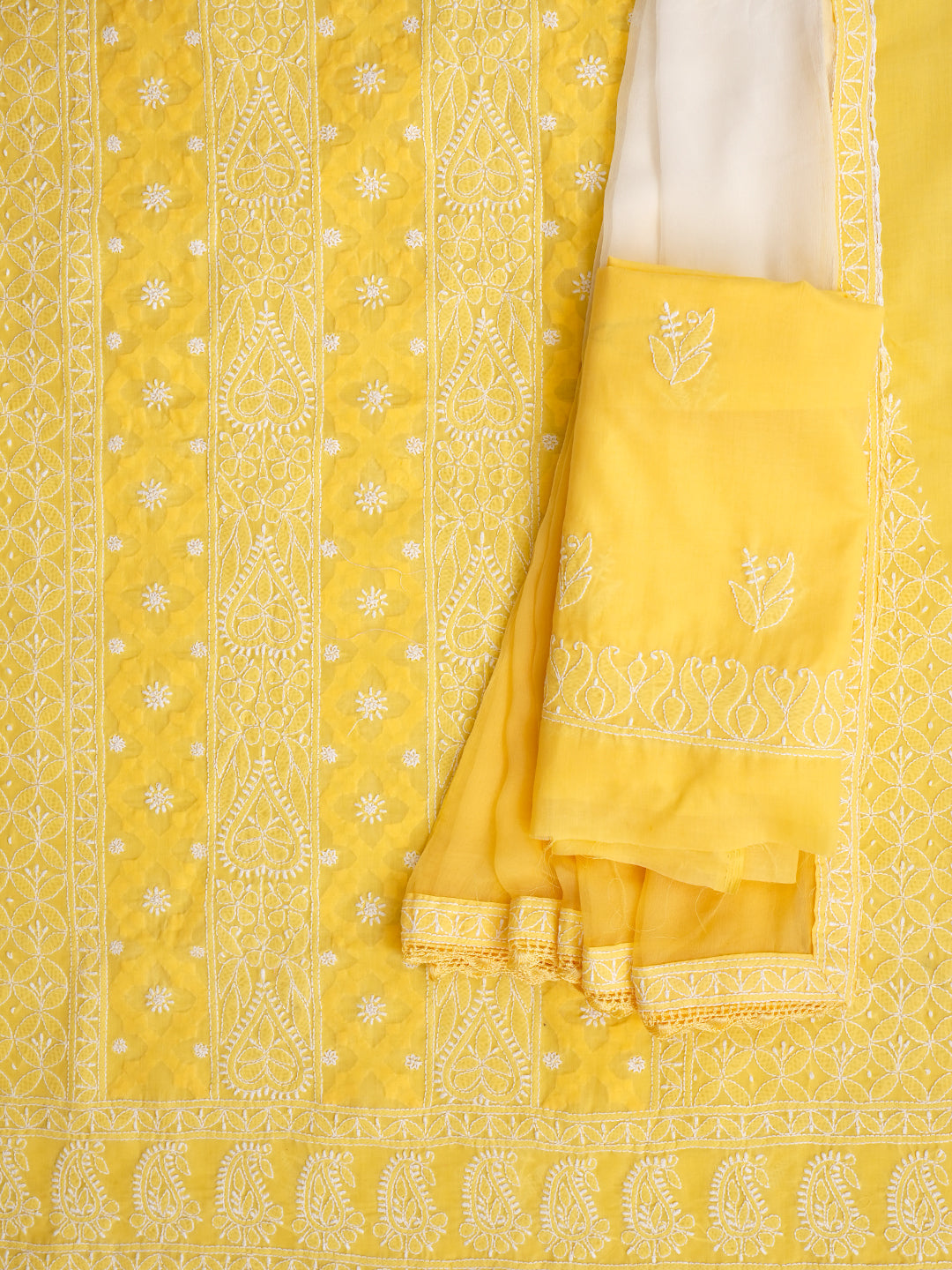 Ada Hand Embroidered Yellow Cotton Lucknowi Chikankari Unstitched Suit Piece With Chiffon Dupatta 01A900236_5