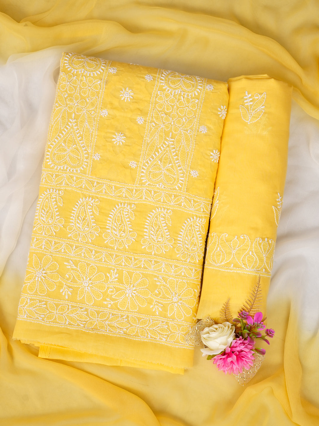 Ada Hand Embroidered Yellow Cotton Lucknowi Chikankari Unstitched Suit Piece With Chiffon Dupatta 01A900236_1