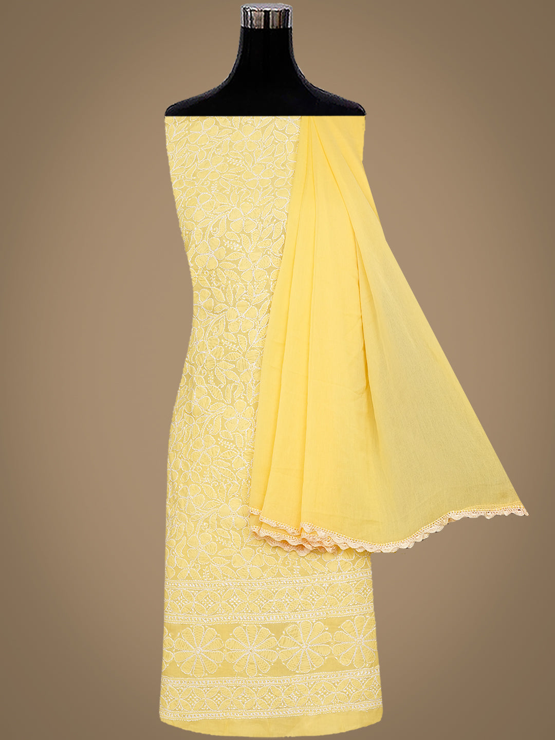 Ada Hand Embroidered Yellow Cotton Lucknowi Chikankari Unstitched Suit Piece With Chiffon Dupatta 01A985564