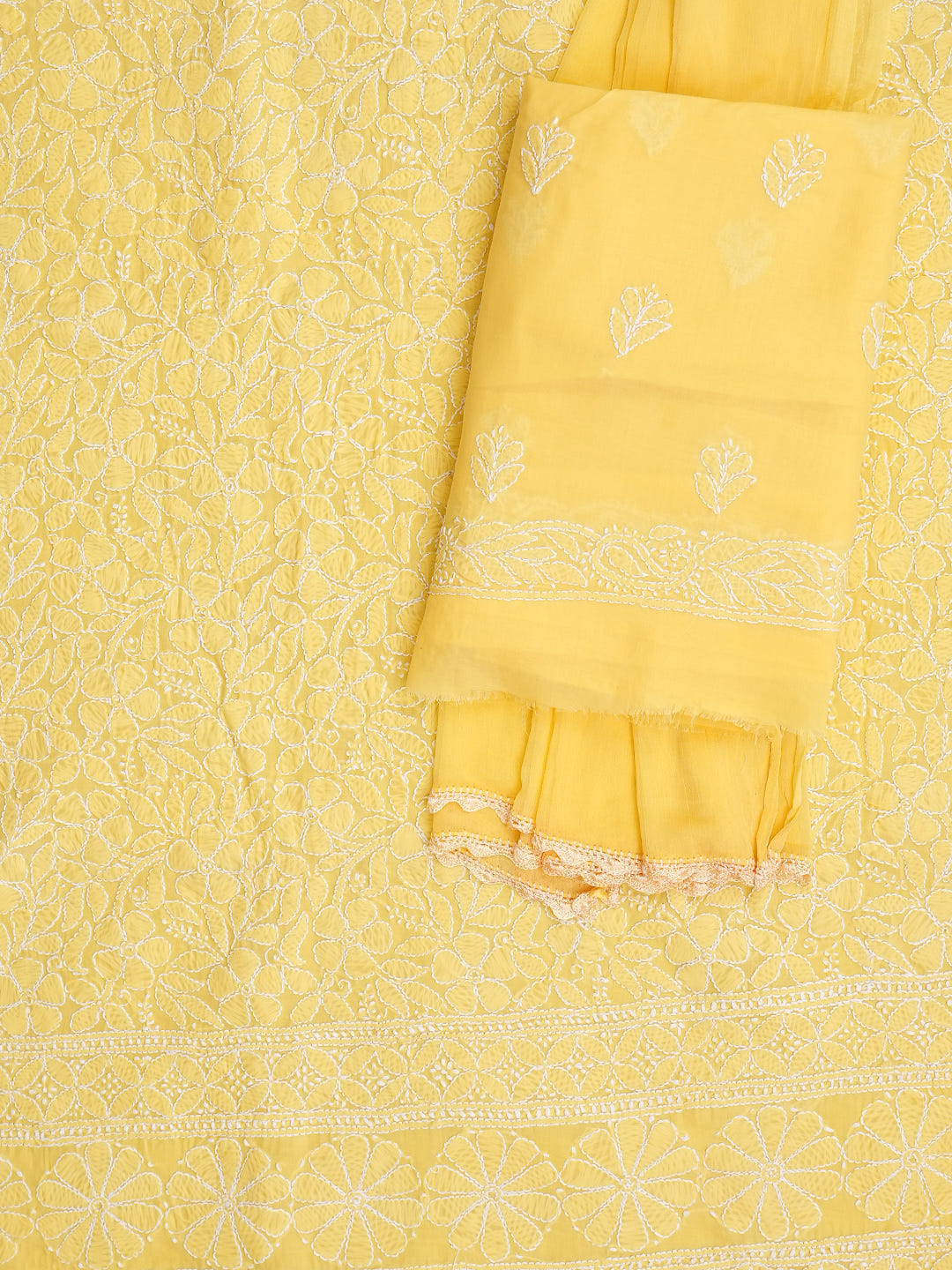 Ada Hand Embroidered Yellow Cotton Lucknowi Chikankari Unstitched Suit Piece With Chiffon Dupatta 01A985564