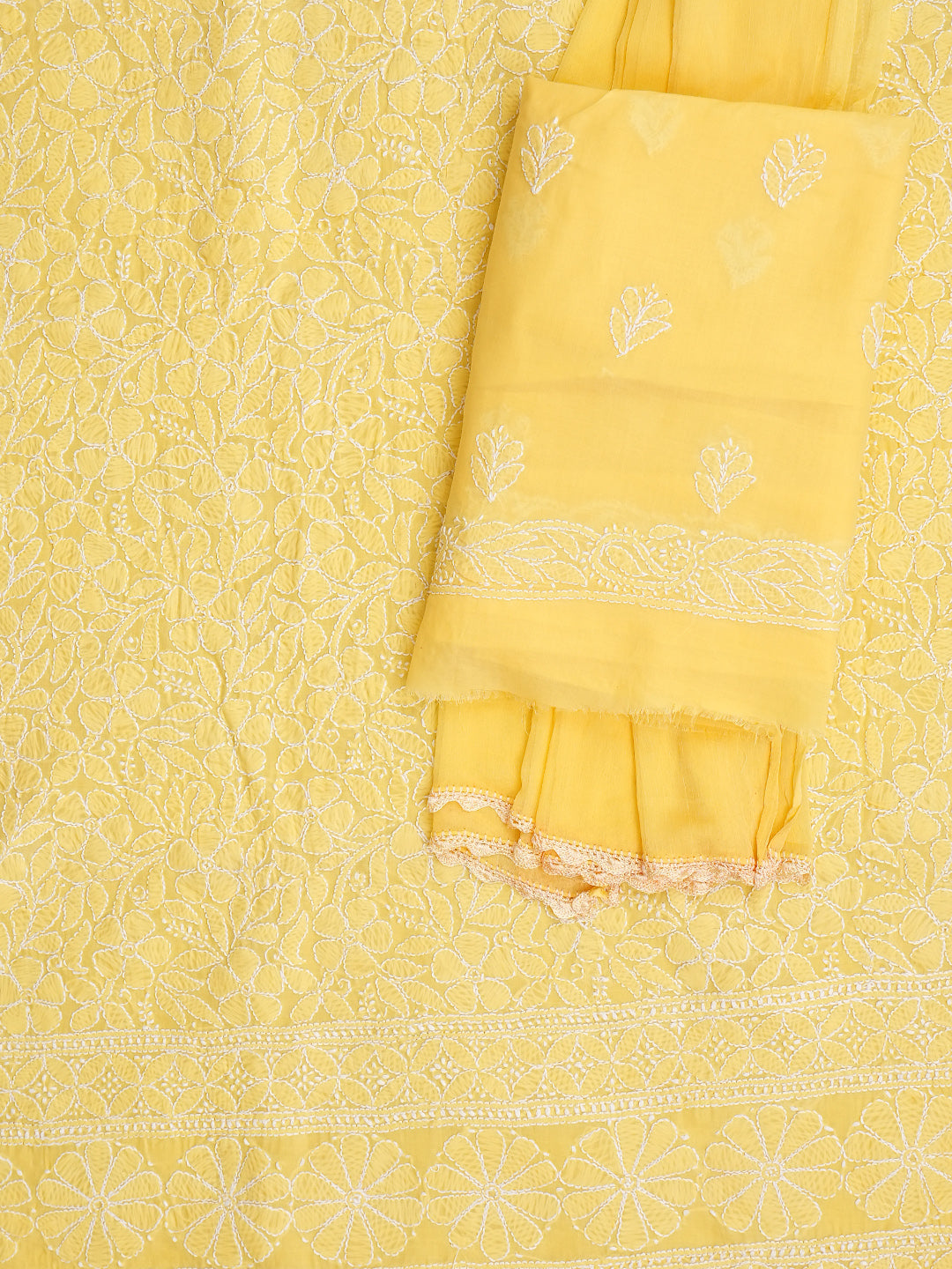 Ada Hand Embroidered Yellow Cotton Lucknowi Chikankari Unstitched Suit Piece With Chiffon Dupatta 01A985564