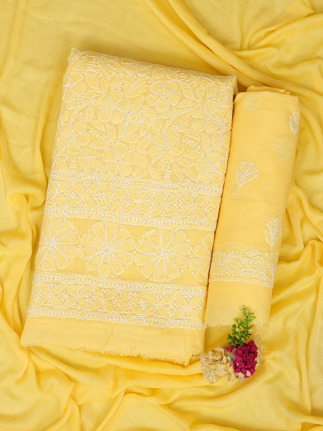 Ada Hand Embroidered Yellow Cotton Lucknowi Chikankari Unstitched Suit Piece With Chiffon Dupatta 01A985564