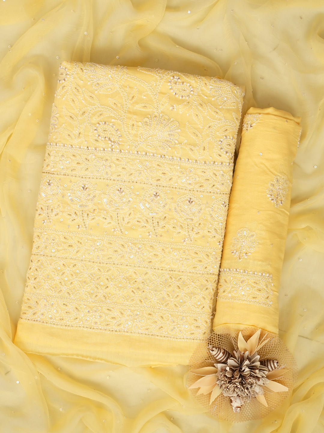 Ada Hand Embroidered Yellow Cotton Lucknowi Chikankari Unstitched Suit Piece With Cutdana Work 01A728841_1