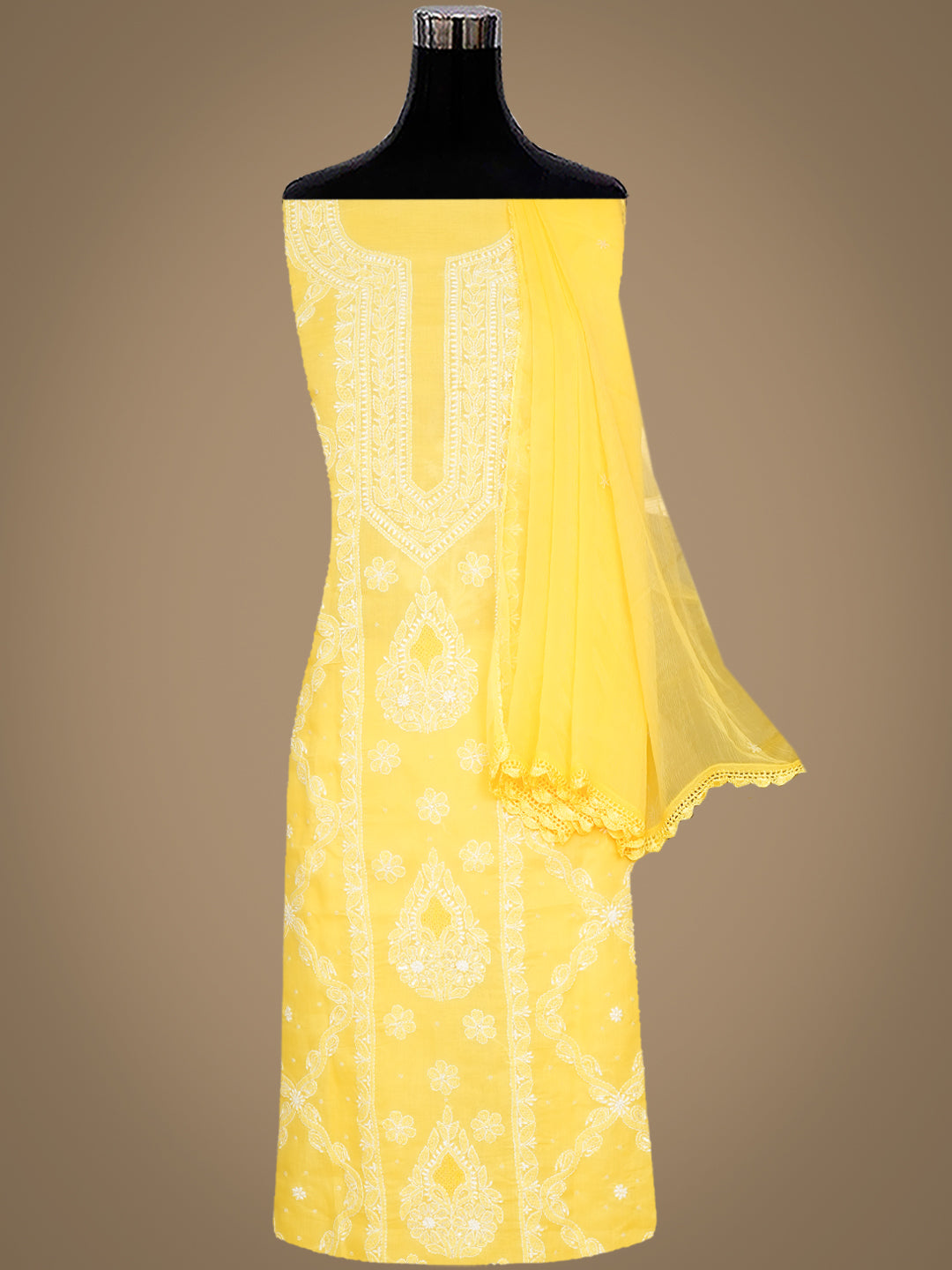 Hand Embroidered Yellow Cotton Chikankari Suit Piece With Pearl Work Close-Up