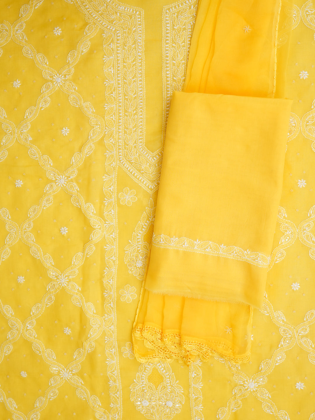 Detailed Pearl Work And Lucknowi Chikankari Embroidery On Yellow Cotton Fabric