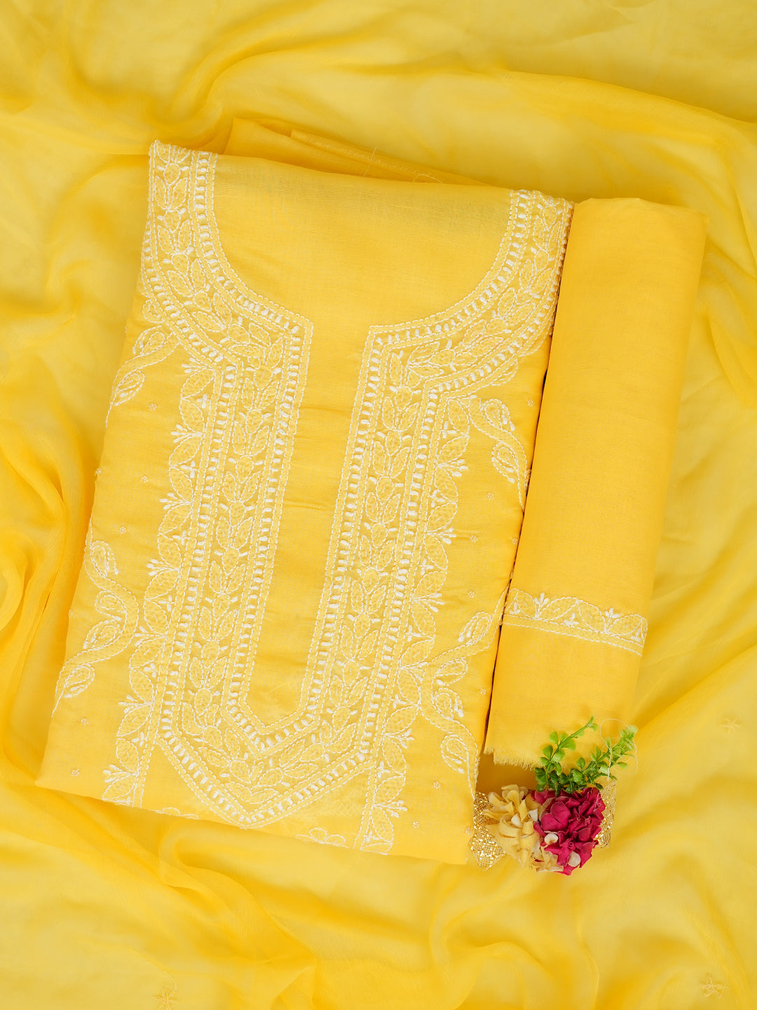 Traditional Yellow Lucknowi Chikankari Unstitched Suit Piece For Women
