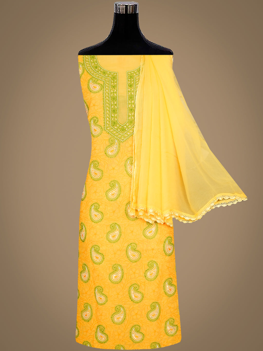 Ada Hand Embroidered Yellow Cotton Lucknowi Chikankari Unstitched Suit Piece With Pearl Work 01A985614