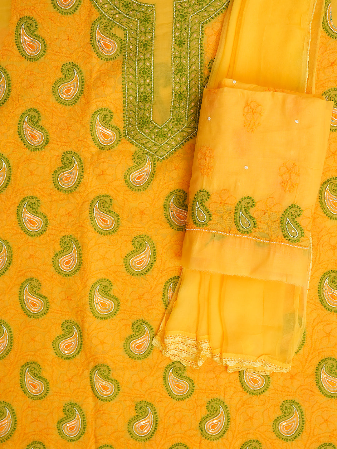 Ada Hand Embroidered Yellow Cotton Lucknowi Chikankari Unstitched Suit Piece With Pearl Work 01A985614