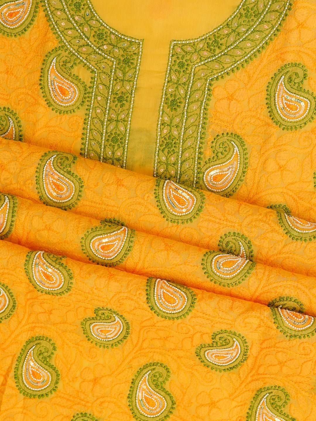Ada Hand Embroidered Yellow Cotton Lucknowi Chikankari Unstitched Suit Piece With Pearl Work 01A985614