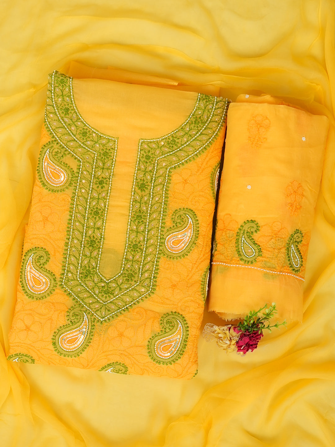 Ada Hand Embroidered Yellow Cotton Lucknowi Chikankari Unstitched Suit Piece With Pearl Work 01A985614