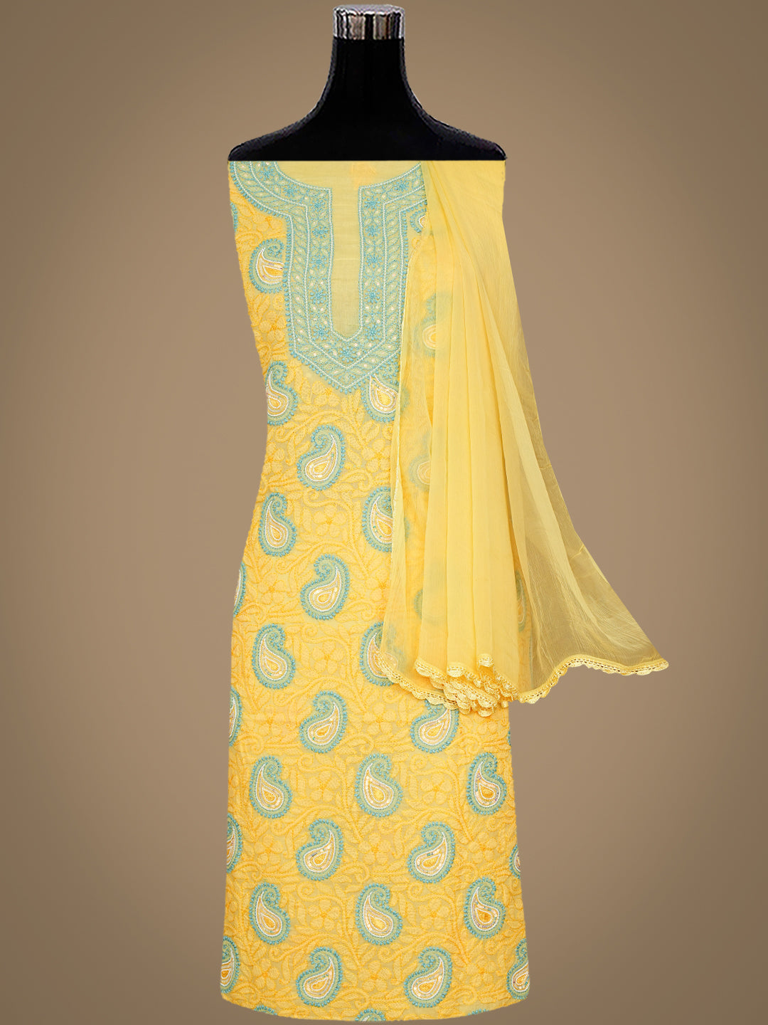 Ada Hand Embroidered Yellow Cotton Lucknowi Chikankari Unstitched Suit Piece With Pearl and Sequined Work 01A985605