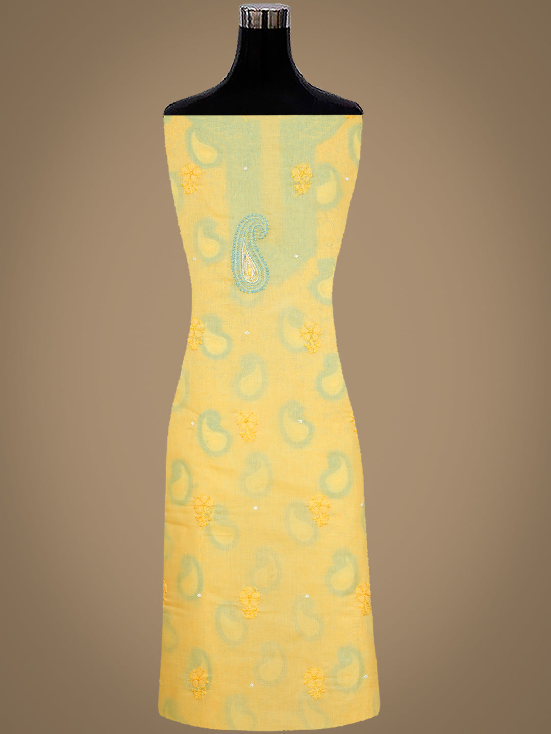 Ada Hand Embroidered Yellow Cotton Lucknowi Chikankari Unstitched Suit Piece With Pearl and Sequined Work 01A985605