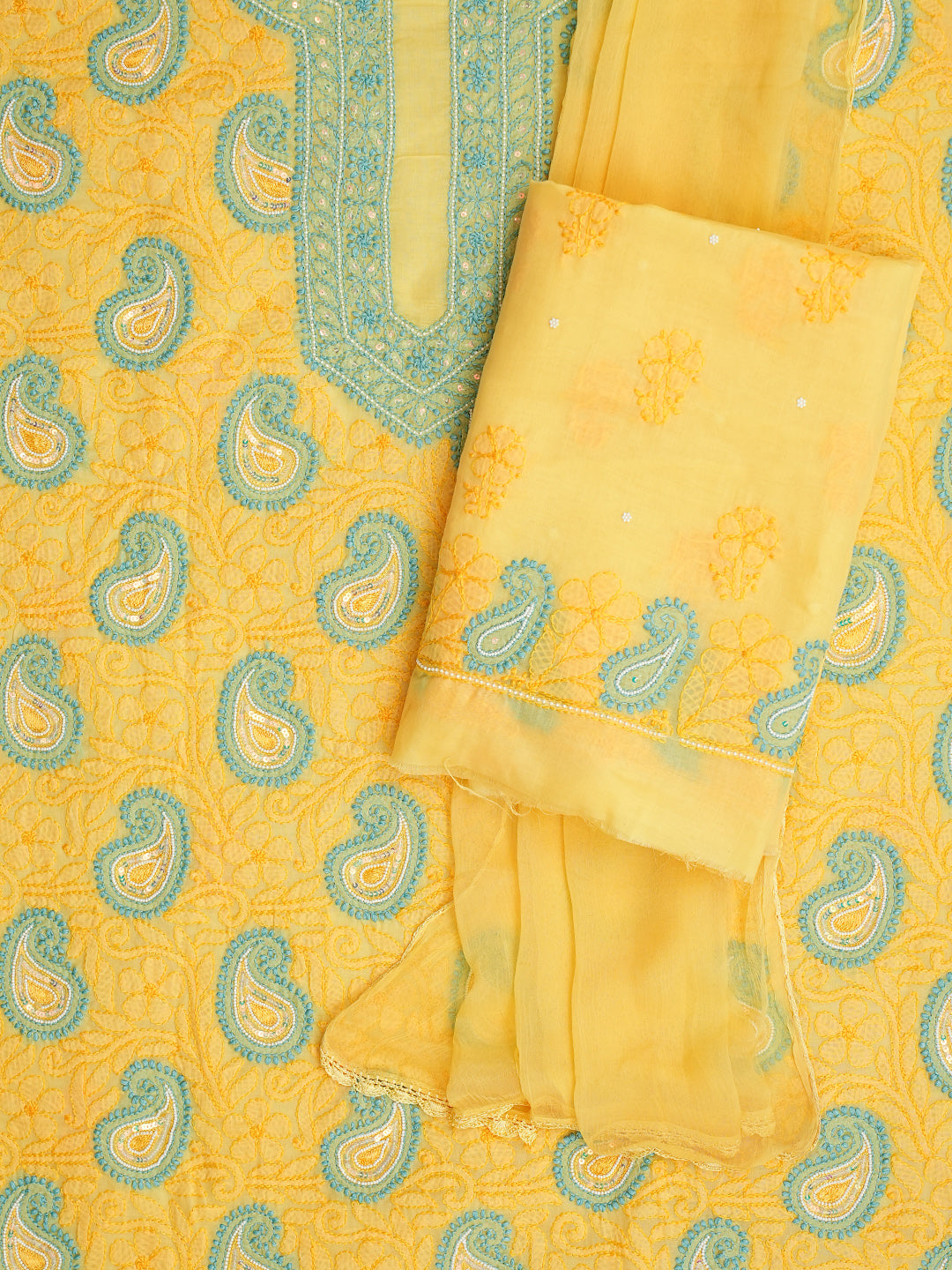 Ada Hand Embroidered Yellow Cotton Lucknowi Chikankari Unstitched Suit Piece With Pearl and Sequined Work 01A985605