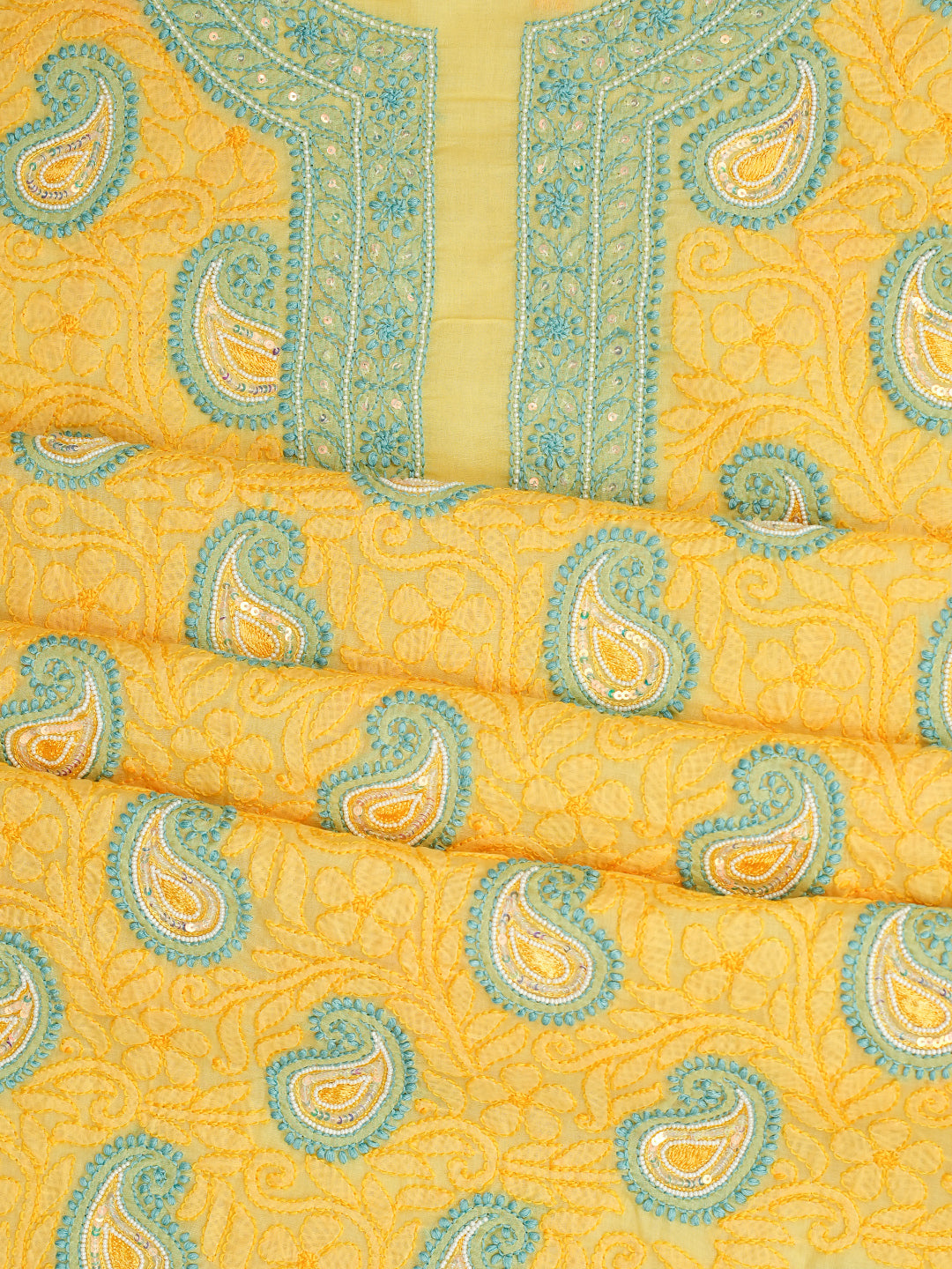 Ada Hand Embroidered Yellow Cotton Lucknowi Chikankari Unstitched Suit Piece With Pearl and Sequined Work 01A985605