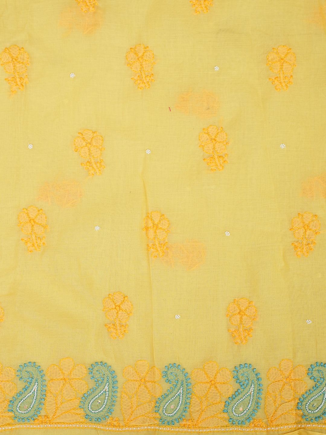 Ada Hand Embroidered Yellow Cotton Lucknowi Chikankari Unstitched Suit Piece With Pearl and Sequined Work 01A985605