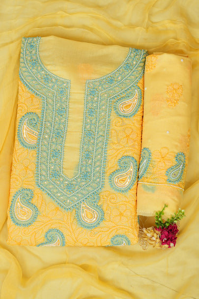 Ada Hand Embroidered Yellow Cotton Lucknowi Chikankari Unstitched Suit Piece With Pearl and Sequined Work 01A985605