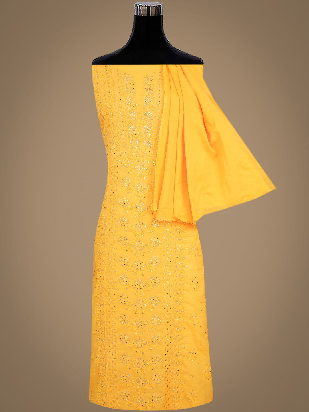Ada Hand Embroidered Yellow Cotton Lucknowi Chikankari Unstitched Suit Piece With Zari Work 01A185846