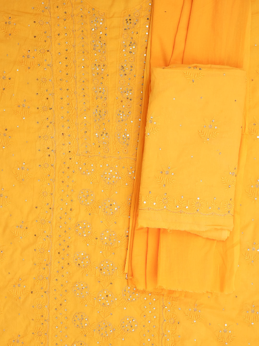 Ada Hand Embroidered Yellow Cotton Lucknowi Chikankari Unstitched Suit Piece With Zari Work 01A185846