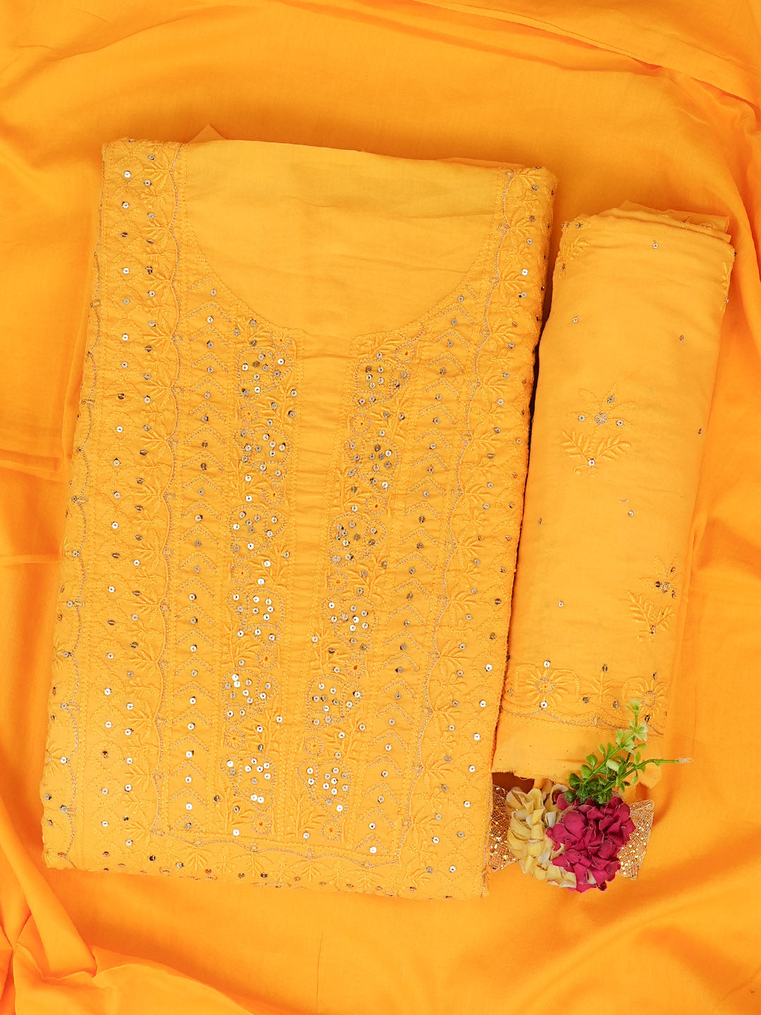 Ada Hand Embroidered Yellow Cotton Lucknowi Chikankari Unstitched Suit Piece With Zari Work 01A185846