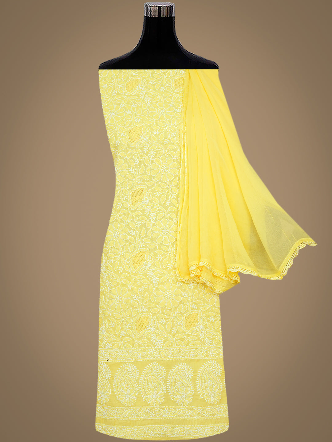 Ada Hand Embroidered Yellow Cotton Lucknowi Chikankari Unstitched Suit Set With Chiffon Dupatta 01A558844