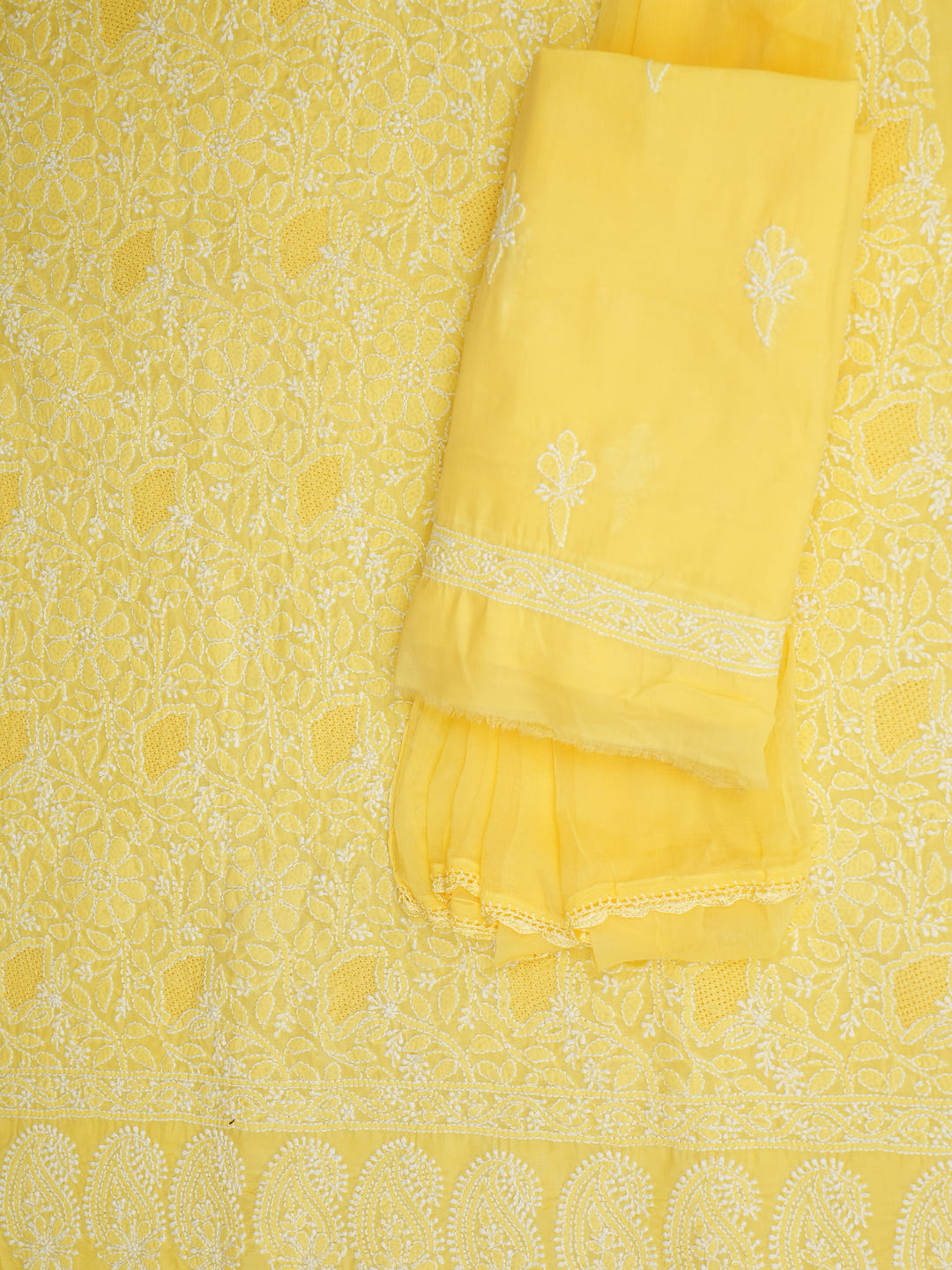 Ada Hand Embroidered Yellow Cotton Lucknowi Chikankari Unstitched Suit Set With Chiffon Dupatta 01A558844