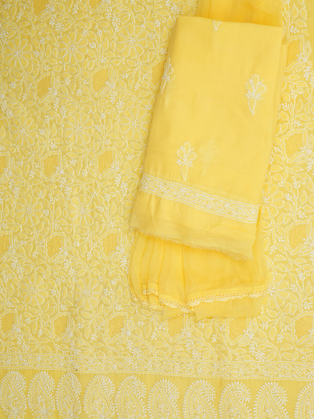 Ada Hand Embroidered Yellow Cotton Lucknowi Chikankari Unstitched Suit Set With Chiffon Dupatta 01A558844