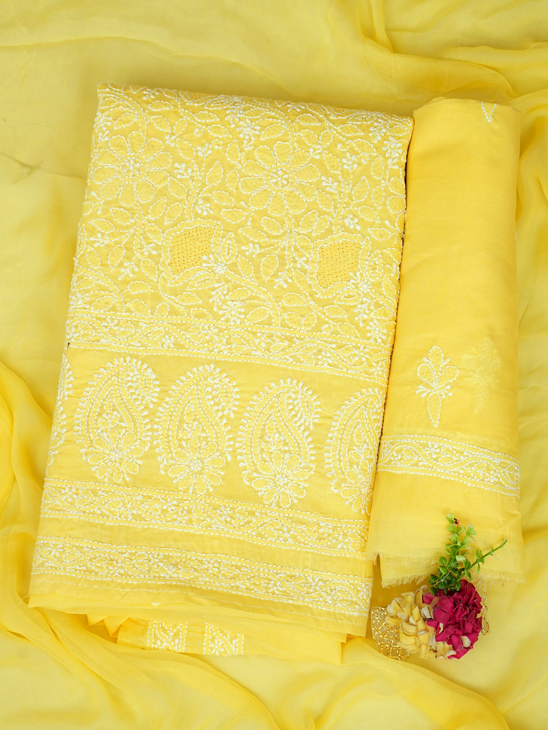 Ada Hand Embroidered Yellow Cotton Lucknowi Chikankari Unstitched Suit Set With Chiffon Dupatta 01A558844