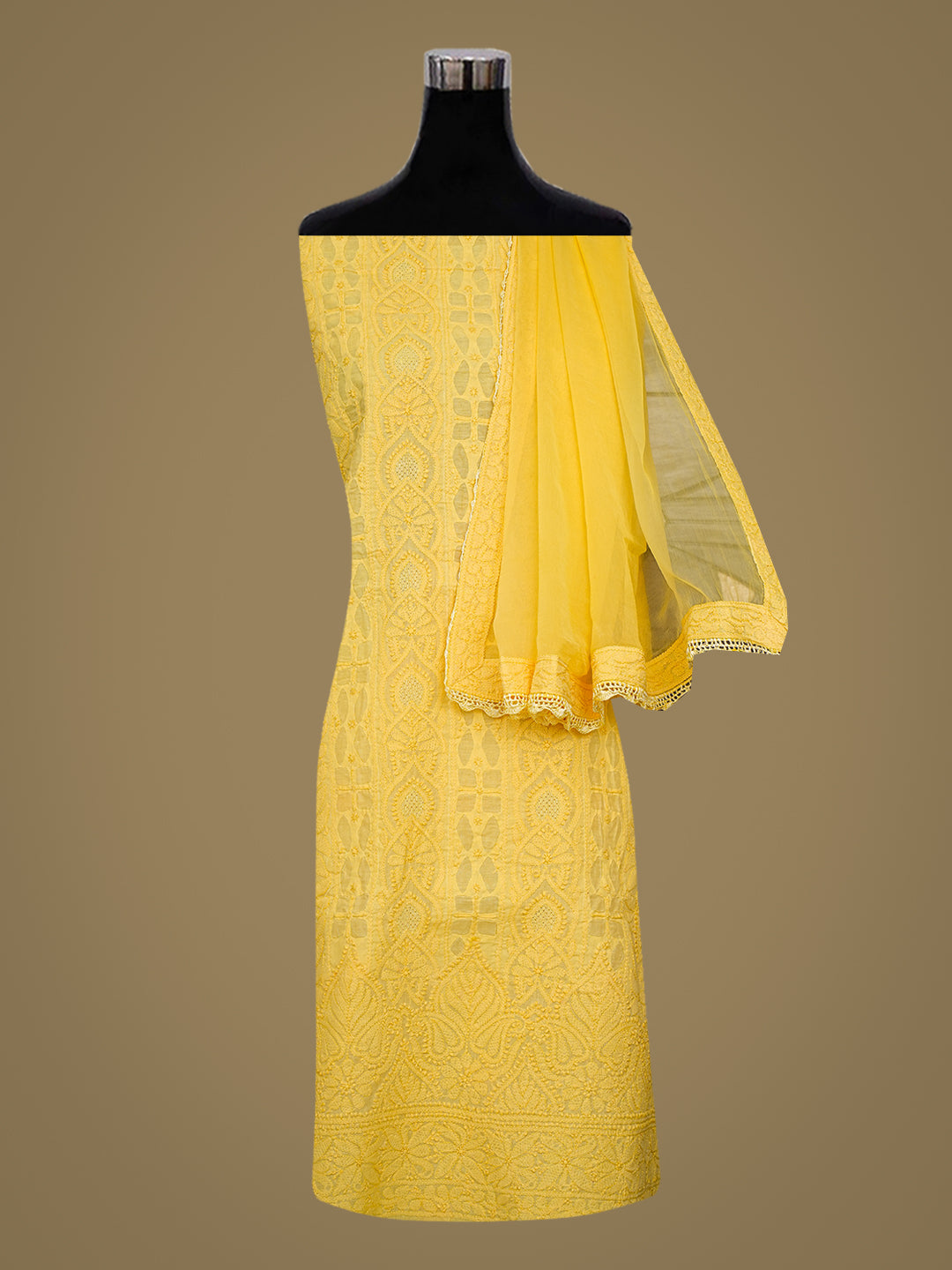 Ada Hand Embroidered Yellow Cotton Lucknowi Chikankari Unstitched Suit Set With Chiffon Dupatta 01A989376