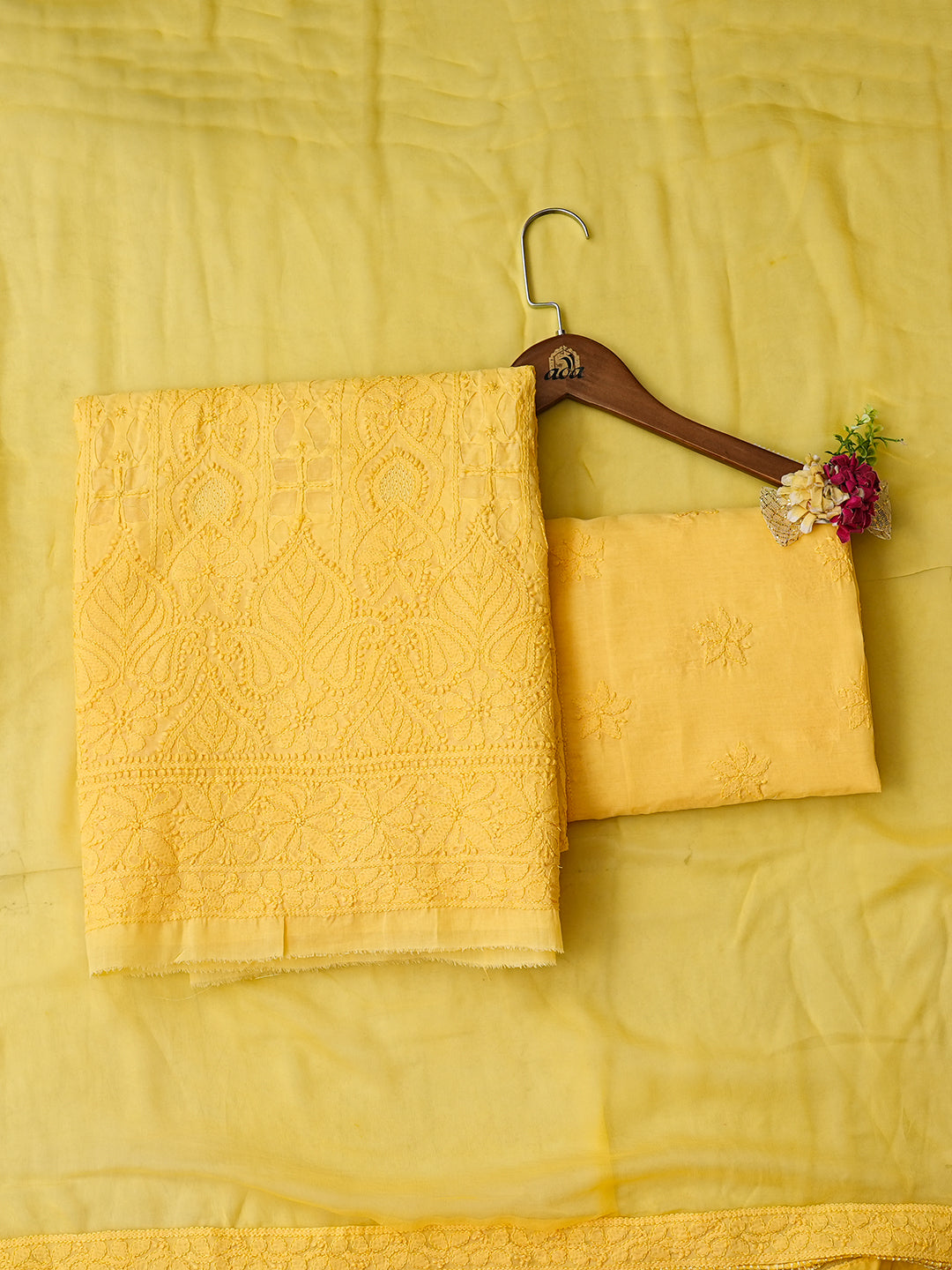 Ada Hand Embroidered Yellow Cotton Lucknowi Chikankari Unstitched Suit Set With Chiffon Dupatta 01A989376