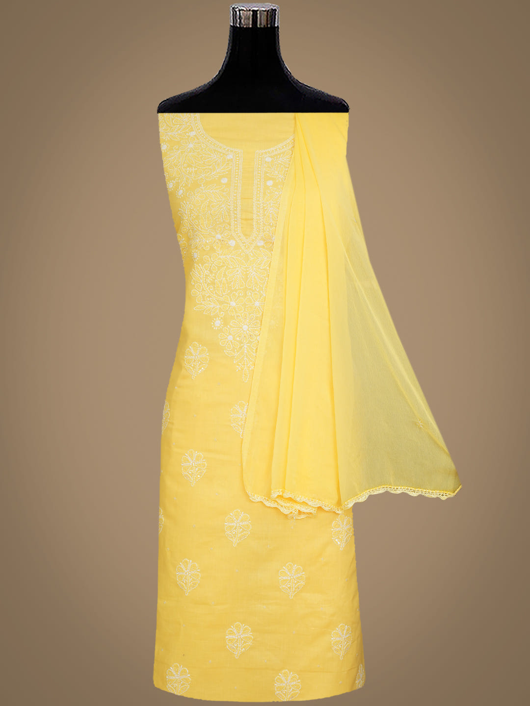 Ada Hand Embroidered Yellow Cotton Lucknowi Chikankari Unstitched Suit Set With Cutdana Work 01A657315