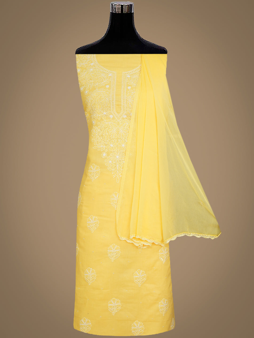 Ada Hand Embroidered Yellow Cotton Lucknowi Chikankari Unstitched Suit Set With Chiffon Dupatta and Cutdana & Sequinned Work 01A657315
