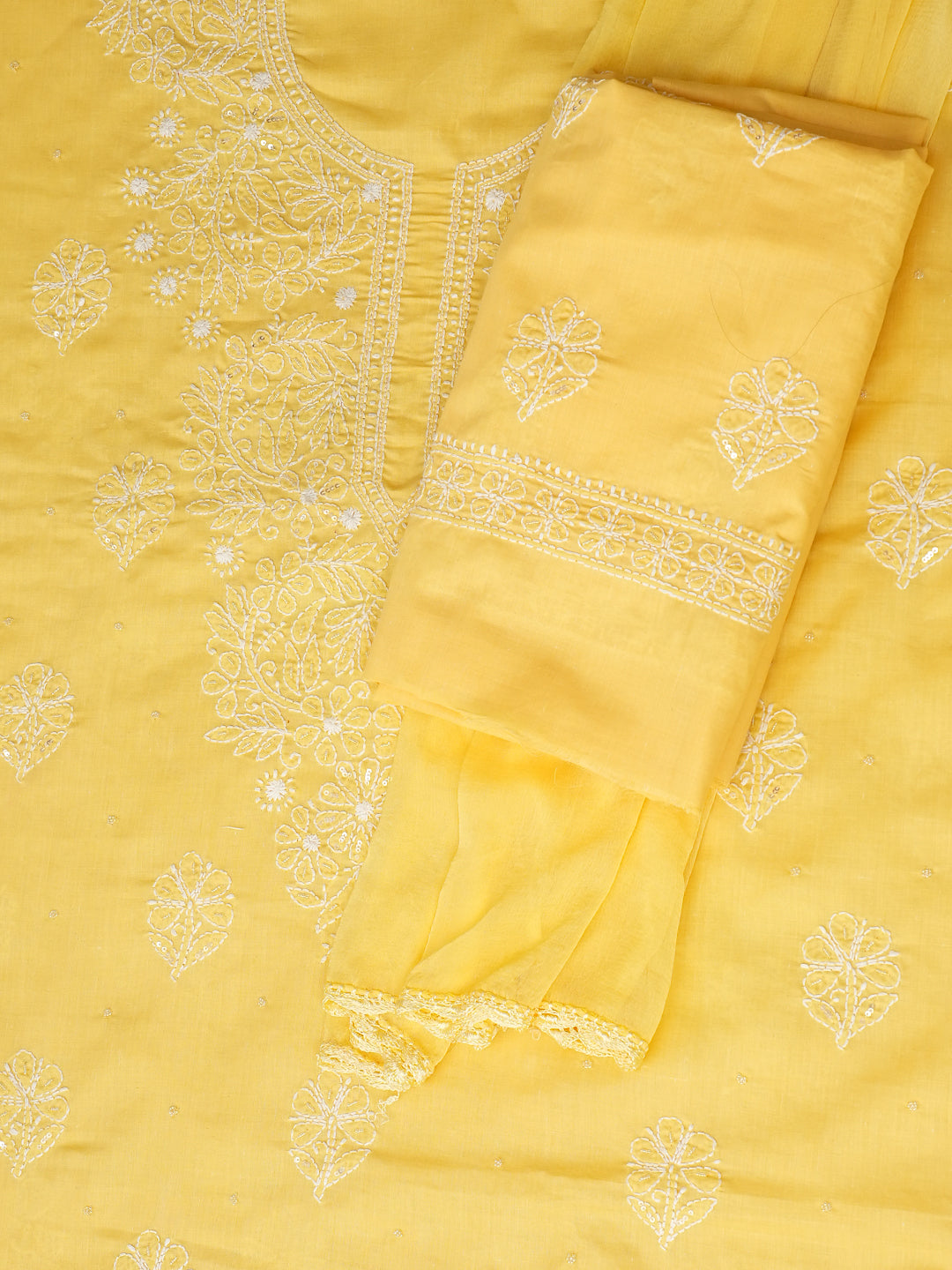 Ada Hand Embroidered Yellow Cotton Lucknowi Chikankari Unstitched Suit Set With Chiffon Dupatta and Cutdana & Sequinned Work 01A657315