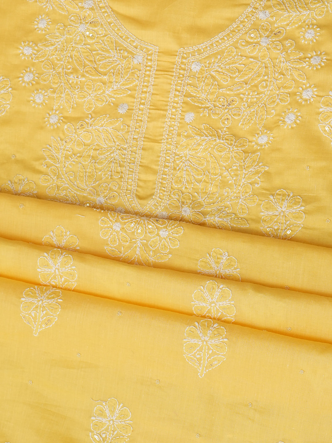 Ada Hand Embroidered Yellow Cotton Lucknowi Chikankari Unstitched Suit Set With Chiffon Dupatta and Cutdana & Sequinned Work 01A657315