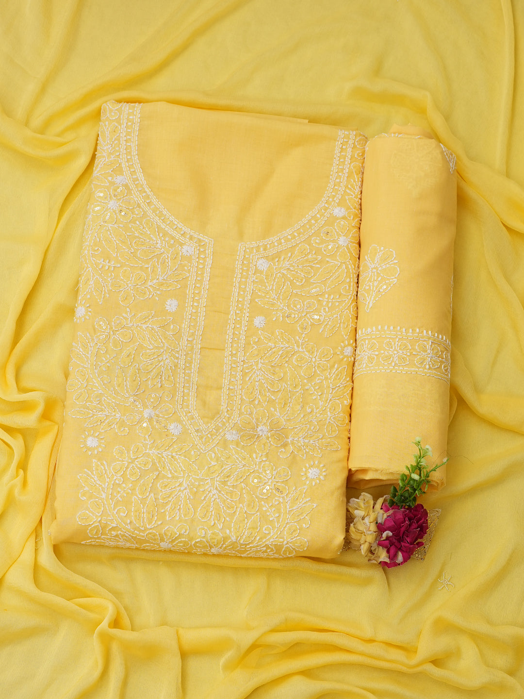 Ada Hand Embroidered Yellow Cotton Lucknowi Chikankari Unstitched Suit Set With Chiffon Dupatta and Cutdana & Sequinned Work 01A657315