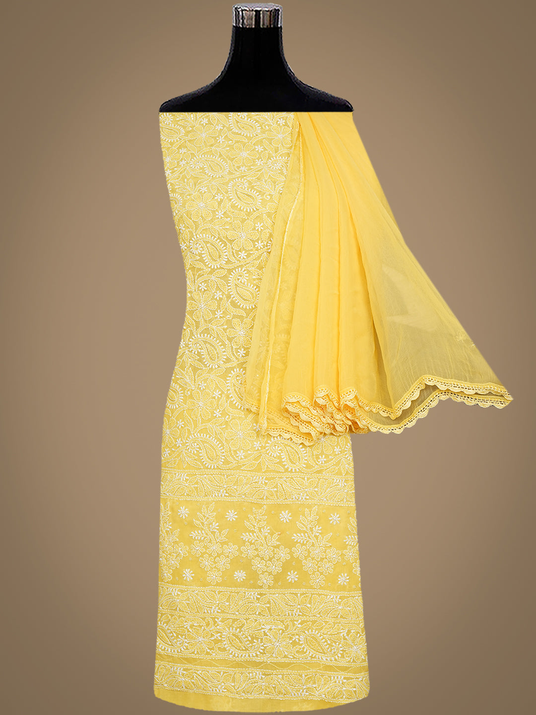 Ada Hand Embroidered Yellow Cotton Lucknowi Chikankari Unstitched Suit Set With Cutdana & Sequinned Work 01A767666