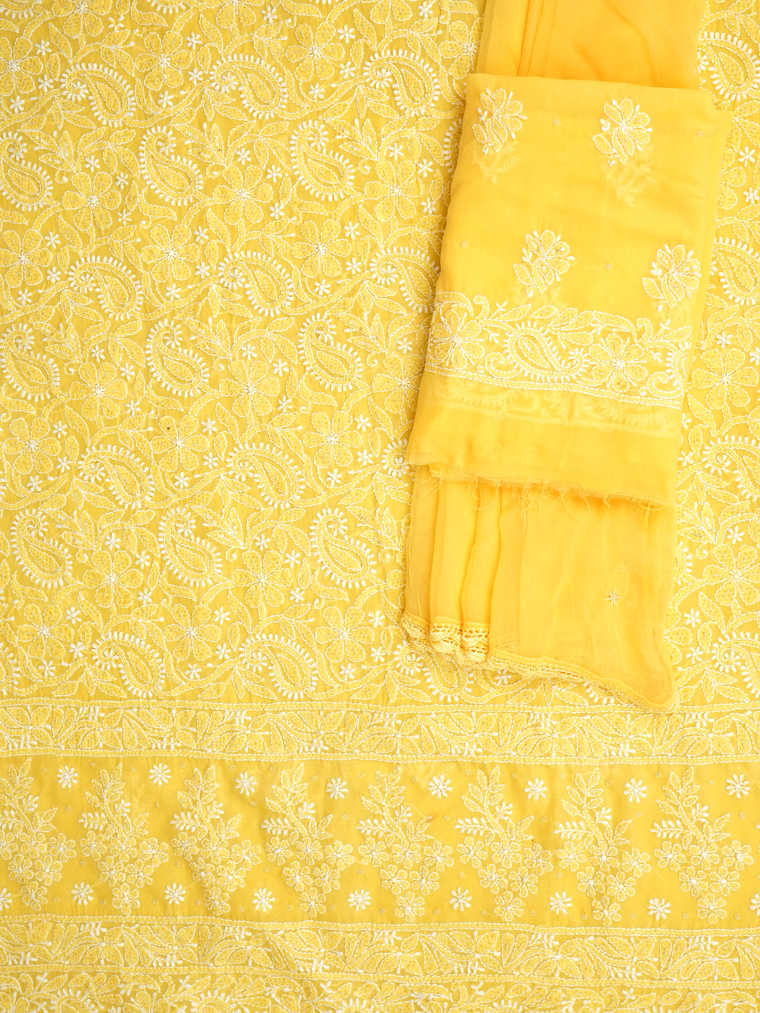 Ada Hand Embroidered Yellow Cotton Lucknowi Chikankari Unstitched Suit Set With Cutdana & Sequinned Work 01A767666