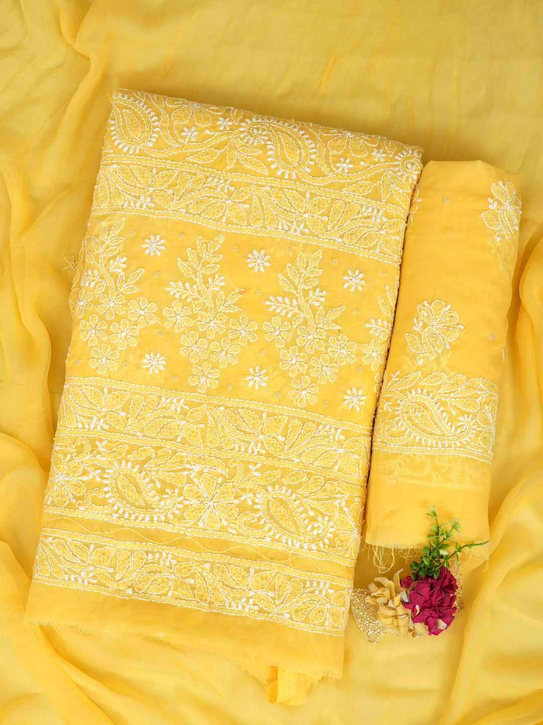 Ada Hand Embroidered Yellow Cotton Lucknowi Chikankari Unstitched Suit Set With Cutdana & Sequinned Work 01A767666