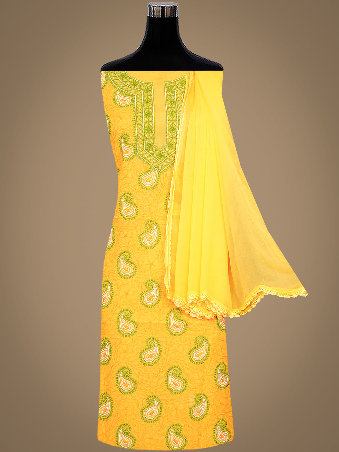 Ada Hand Embroidered Yellow Cotton Lucknowi Chikankari Unstitched Suit Set With Pearl Work 01A985617