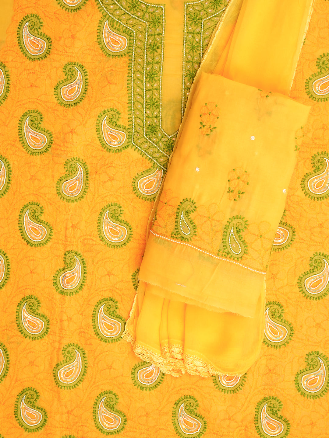 Ada Hand Embroidered Yellow Cotton Lucknowi Chikankari Unstitched Suit Set With Pearl Work 01A985617
