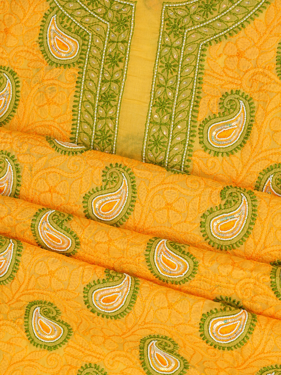 Ada Hand Embroidered Yellow Cotton Lucknowi Chikankari Unstitched Suit Set With Pearl Work 01A985617