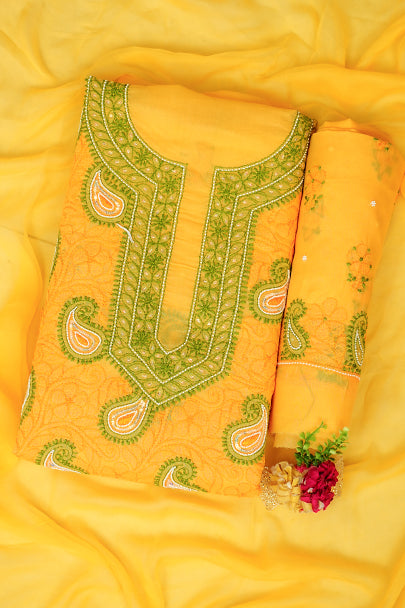 Ada Hand Embroidered Yellow Cotton Lucknowi Chikankari Unstitched Suit Set With Pearl Work 01A985617