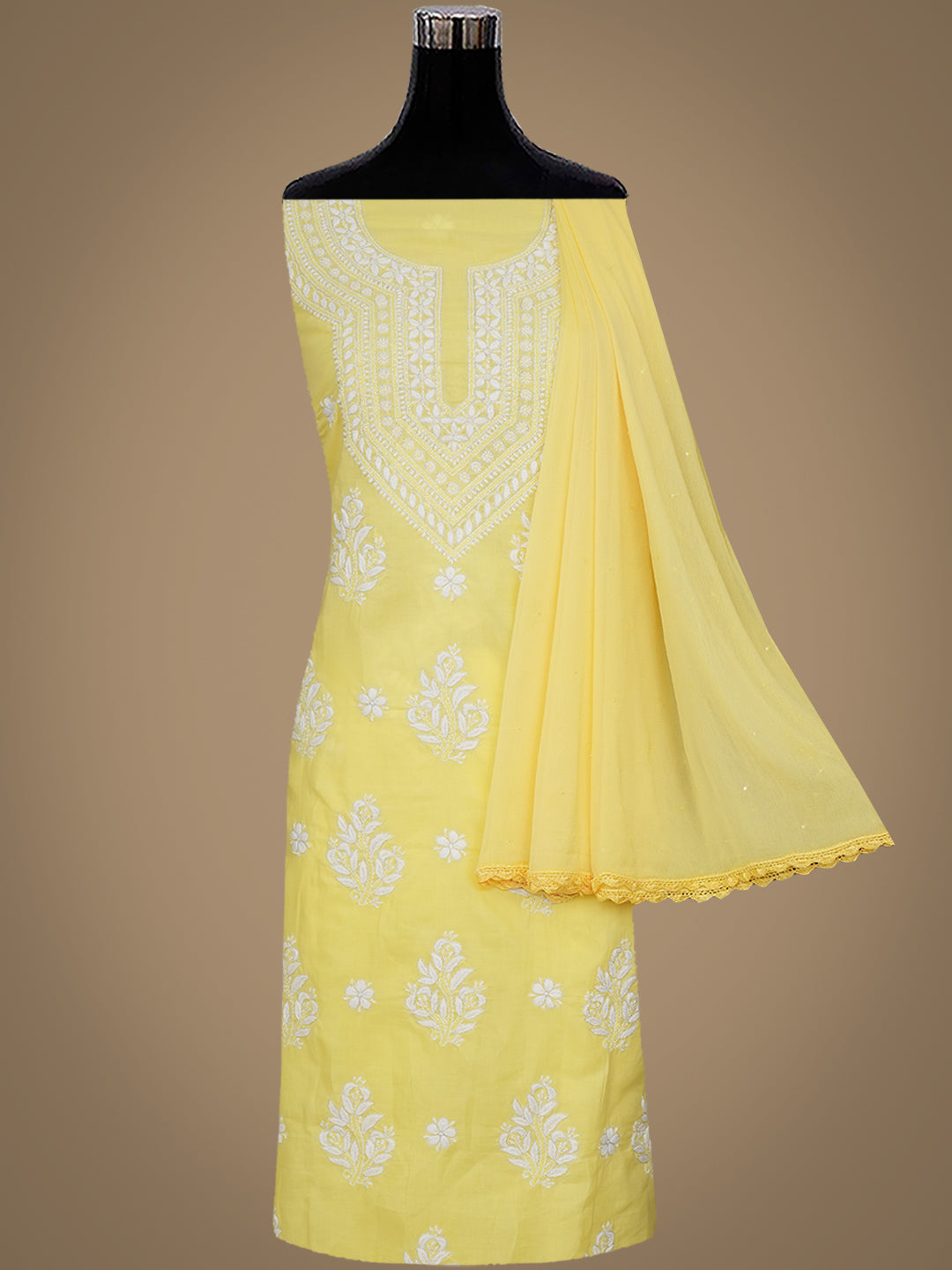 Ada Hand Embroidered Yellow Cotton Lucknowi Chikankari Unstitched Suit Set and Chiffon Dupatta With Cutdana Work 01A700783