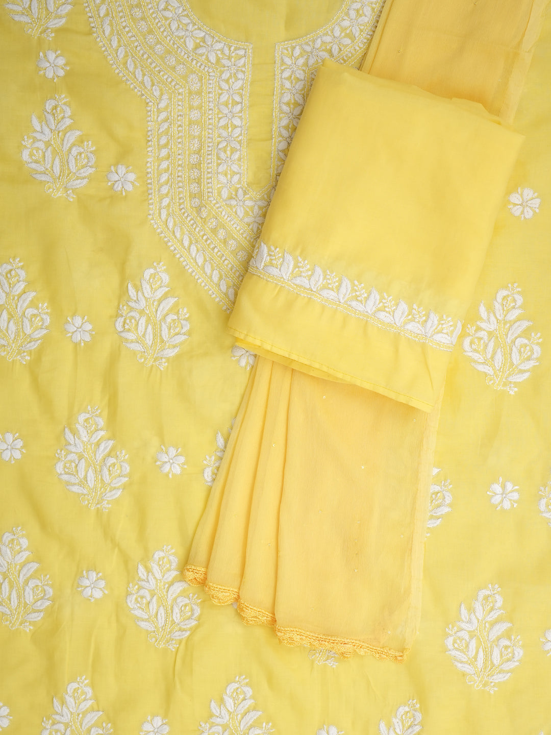 Ada Hand Embroidered Yellow Cotton Lucknowi Chikankari Unstitched Suit Set and Chiffon Dupatta With Cutdana Work 01A700783