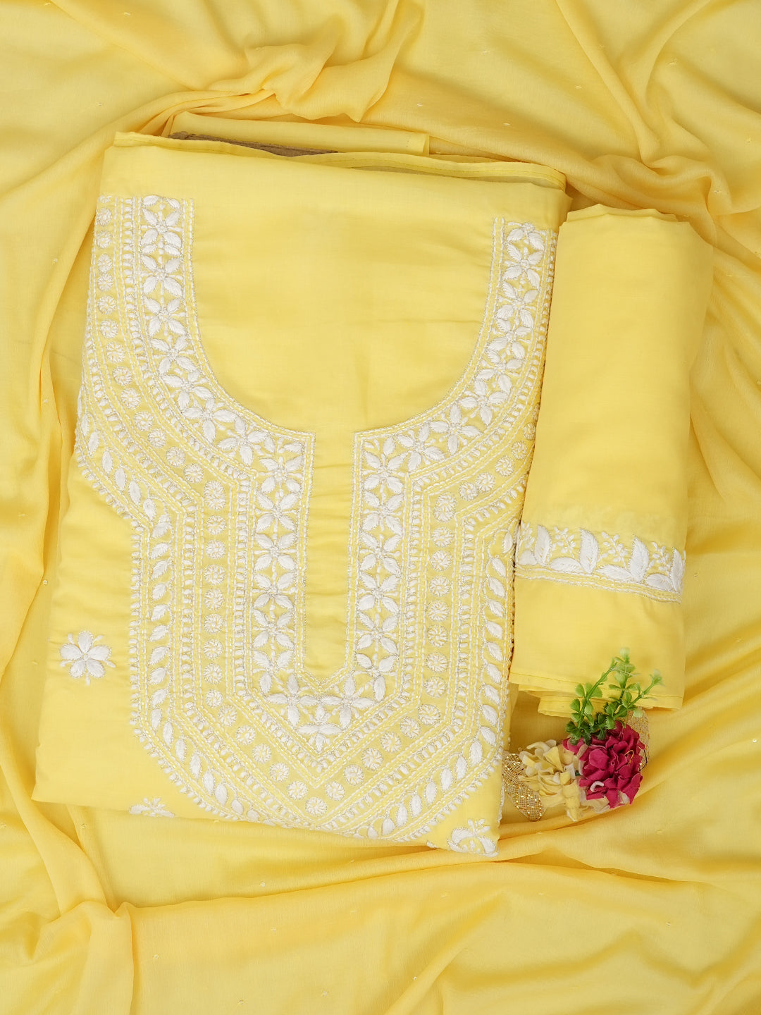 Ada Hand Embroidered Yellow Cotton Lucknowi Chikankari Unstitched Suit Set and Chiffon Dupatta With Cutdana Work 01A700783