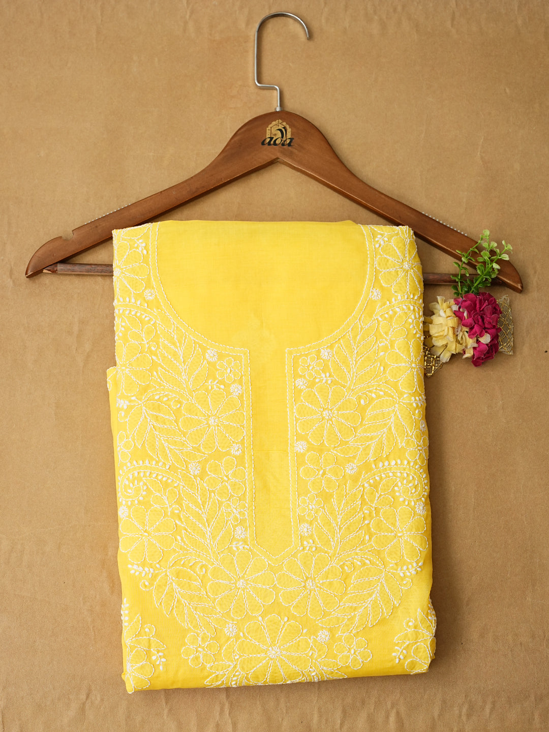 Ada Hand Embroidered Yellow Cotton lucknowi Chikankari Unstitched Kurta 01A991880