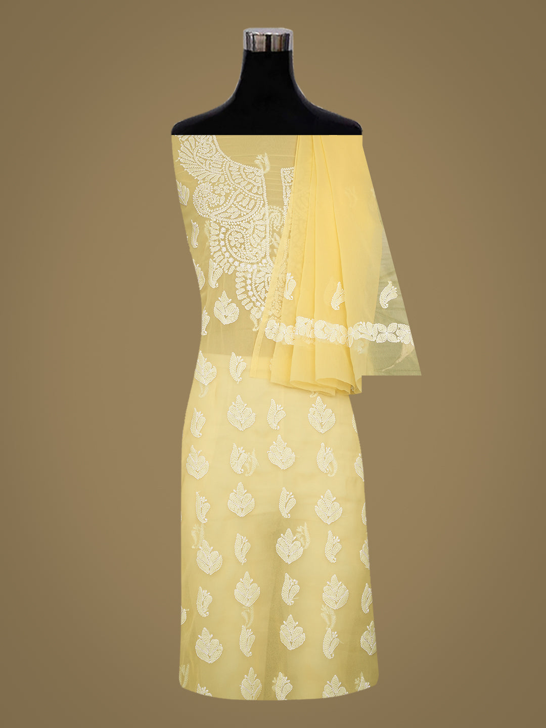 Ada Hand Embroidered Yellow Faux Georgette Lucknowi Chikankari Unstitched Suit Piece 01A1002622