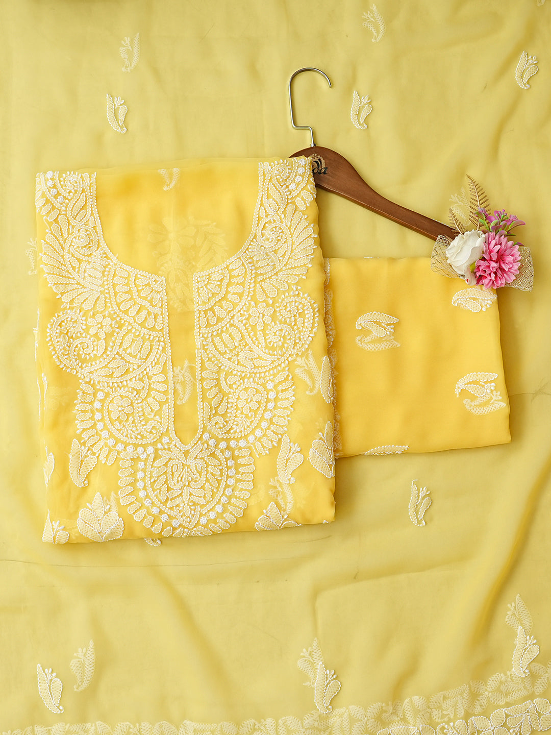 Ada Hand Embroidered Yellow Faux Georgette Lucknowi Chikankari Unstitched Suit Piece 01A1002622