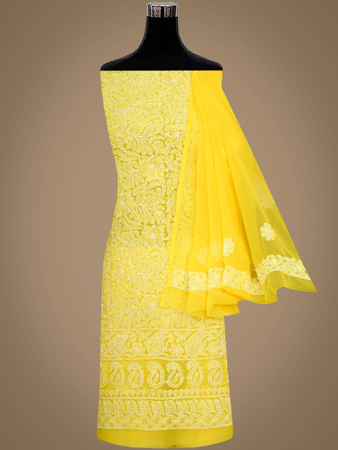 Ada Hand Embroidered Yellow Faux Georgette Lucknowi Chikankari Unstitched Suit Piece 01A296494