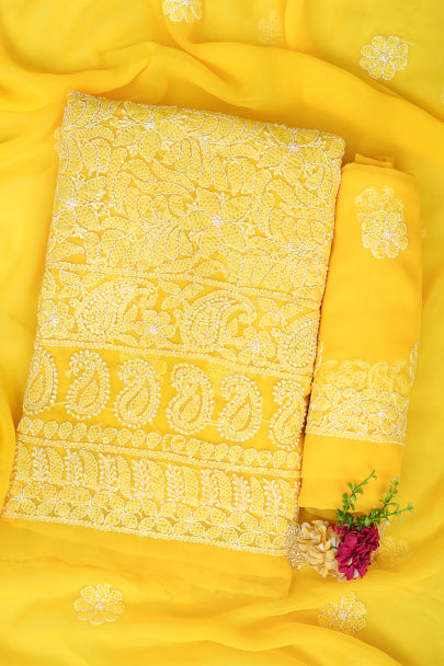 Ada Hand Embroidered Yellow Faux Georgette Lucknowi Chikankari Unstitched Suit Piece 01A296494